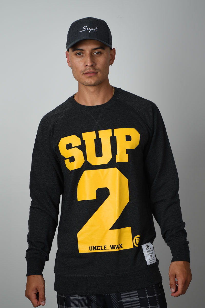 SUP2 Big Block Crew Sweater hood, navy blue with large contrasting color block design, soft knit fabric, front view.