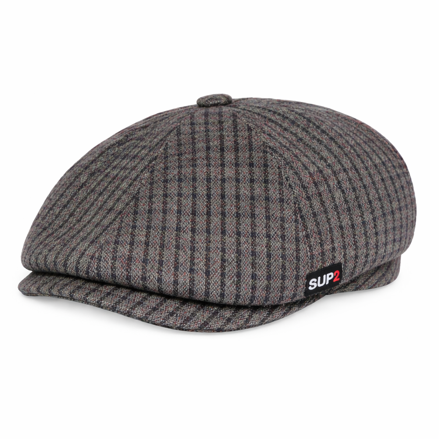 Genuine SUP2 Tailored Cheesecutter hat in dusky blue 100% wool blend plaid, featuring a stylish, structured design.