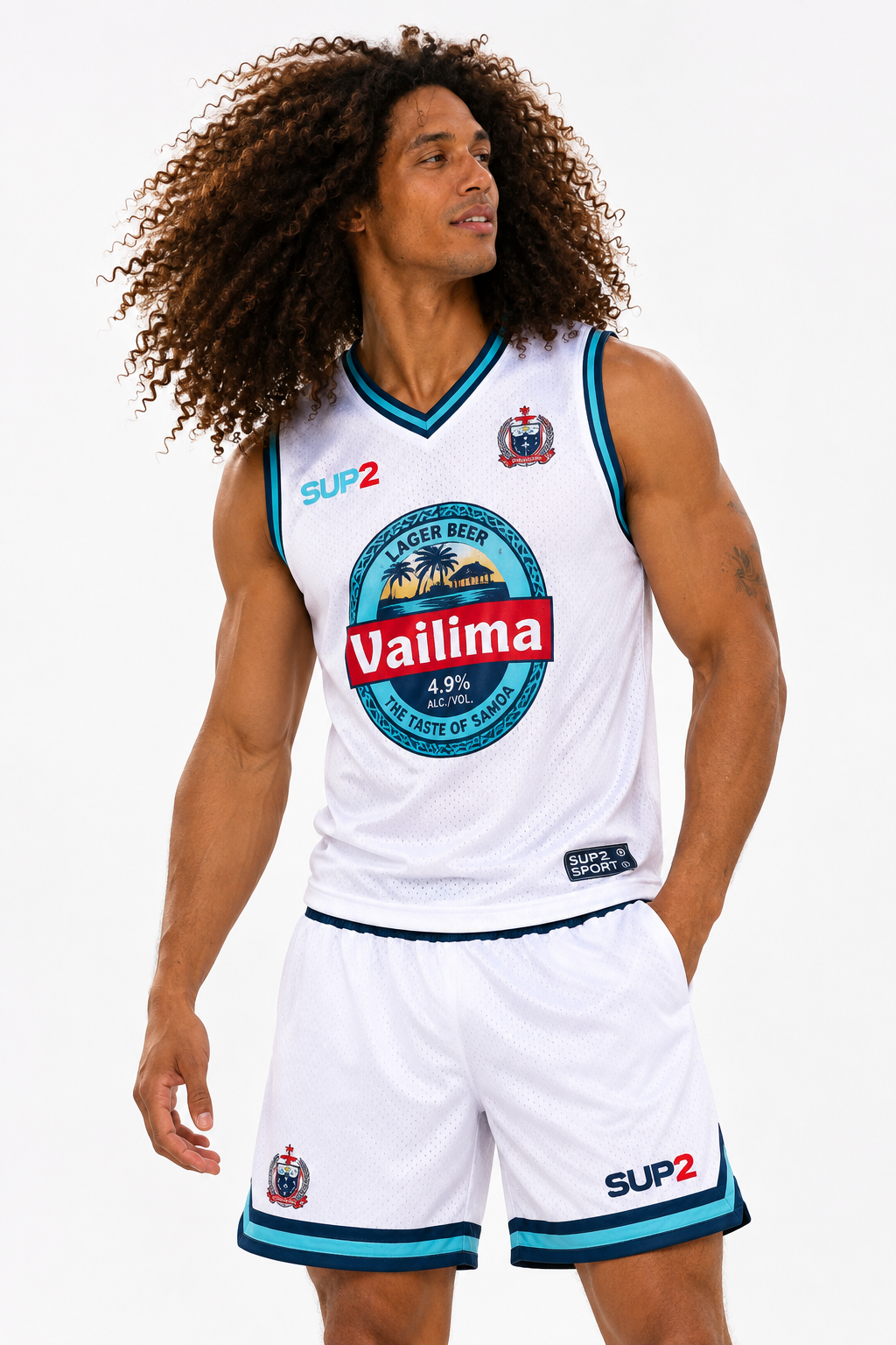 White Vailima basketball shorts from the Supporter Range by EX, featuring the Vailima APA X SUP2 design.