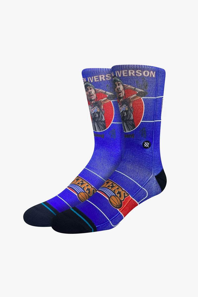 Stance Iverson Retro Bighead NBA Socks featuring colorful basketball player graphic and bold design.