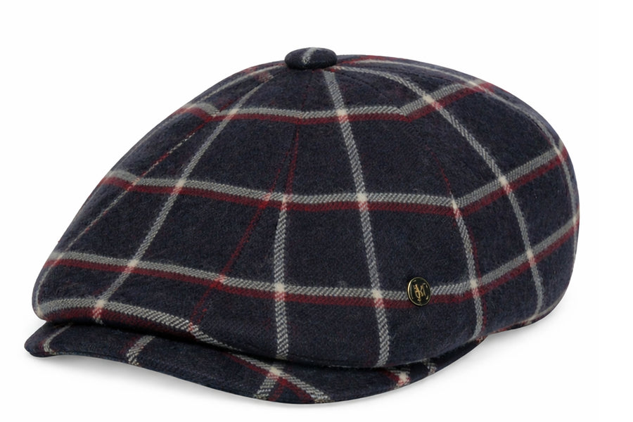 Genuine SUP2 Navy Wool Blend Plaid Paperboy Hat with structured brim and classic 1920s style, tailored for vintage-inspired fashion.